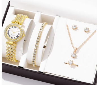 Rhinestone Decor Quartz Watch Wristwatches For Women With 5 Pcs Jewelry Set - Gold in UAE