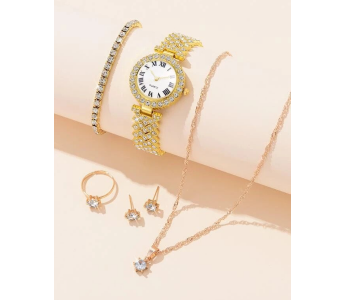 Express Delivery - Rhinestone Decor Quartz Watch Wristwatches For Women with 5 Pcs Jewelry Set - Gold - ID 133132