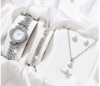Rhinestone Decor Quartz Watch Wristwatches For Women With 5 Pcs Jewelry Set - Silver in UAE