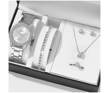 Luxury Rhinestone Fashion Quartz Wristwatches For Women With 5 Pcs Jewelry Set - Silver in UAE