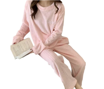 Autumn Winter Coral Fleece Home Wear Pajamas Suit For Women - Pink in UAE