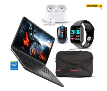Dell ChromeBook 11 Intel Celeron 2GB Ram 16GB SSD 11.6 Inch Display Refurbished - Black + Padded Strap 15.6 Inch Laptop Bag - Black + Enet Wired Optical USB Mouse - Black + TWS Airpod Pro 3 Bluetooth Earphones Wireless Headset - White + JA-F- D20 1.3 Inch Water Resistant IPS Color Screen Smart Watch - Black in OMAN