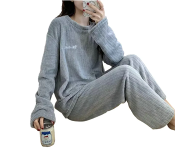 Autumn Winter Coral Fleece Home Wear Pajamas Suit For Women - Grey in KSA