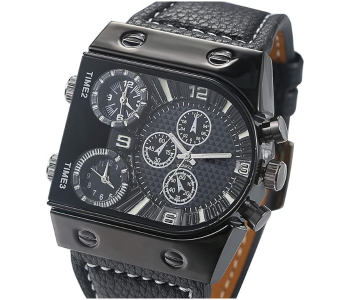 Fashion Men's 3 Time-Zone Supported Japan Quartz Large Face Military Army Leather Watch - Black in UAE