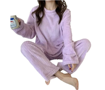 Autumn Winter Coral Fleece Home Wear Pajamas Suit For Women - Violet in UAE