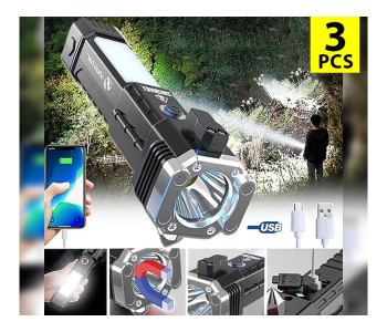 Bundle 3 PCs Set Generic 4 In 1 USB Rechargeable Multi-Function LED Flashlight Waterproof Magnet Car Safety Hammer Emergency Rescue Tool - Black in KSA