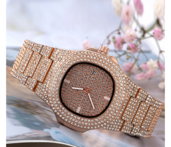 Luxury Quartz Watch With High Quality Cubic Imprint Cut Stone For Women - Rose Gold in UAE