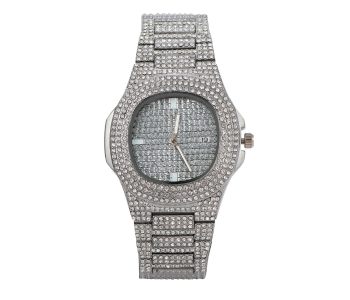 Luxury Quartz Watch With High Quality Cubic Imprint Cut Stone For Women - Silver in KSA