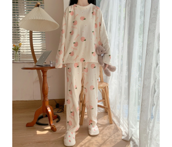 Autumn Winter Warm Flannel Thick Homewear Long Sleeve Cartoon Sleepwear Female Pajamas Suit Wearable - Assorted in UAE