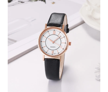 Luxury Casual Leather Simple Dress Quartz Ladies Wristwatch - Black in KSA
