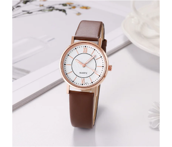 Luxury Casual Leather Simple Dress Quartz Ladies Wristwatch - Brown in KSA