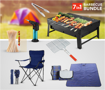 Bundle 1 PCs Set FN-Outdoor Portable Barbeque Charcoal Grill -Black + 1 PCs Set Portable Camping Chairs Enjoy Outdoors With Folding Chair Multifunctional Sports Chair Outdoor Chair Garden Chair + 1 PCs Set Chromium Plated Iron Barbeque Grill - Silver + 1 PCs Set Stainless Steel Food Tong Pakad - Silver + 1 PCs Set BBQ Bamboo Skewers Sticks - Barbeque Wooden + 1 PCs Set Refillable Charcoal Lighter/Gas Incense Lighter + 1 PCs Set Portable Waterproof Travel Outdoor Picnic Carpet Mat - Assorted in KSA