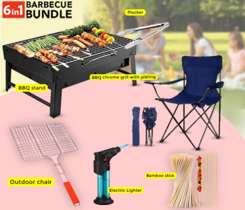 Bundle 1 PCs Set FN-Outdoor Portable Barbeque Charcoal Grill -Black + 1 PCs Set Portable Camping Chairs Enjoy Outdoors With Folding Chair Multifunctional Sports Chair Outdoor Chair Garden Chair + 1 PCs Set Chromium Plated Iron Barbeque Grill - Silver + 1 PCs Set Stainless Steel Food Tong Pakad - Silver + 1 PCs Set 100 BBQ Bamboo Skewers Sticks - Barbeque Wooden + 1 PCs Set Refillable Charcoal Lighter/Gas Incense Lighter in KSA