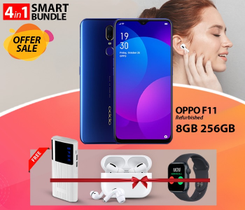 Bundle 1 PCs Set Oppo F11 8 256gb Refurbished Assorted Colors + 1 PCs Set TWS Airpod Pro 3 Bluetooth Earphones Wireless Headset - White + 1 PCs Set D21 Series 8 Smart Watch Ultra - Black + 1 PCs Set Macon Powerbank With Strong Light Real Capacity 20000mAH - White in OMAN