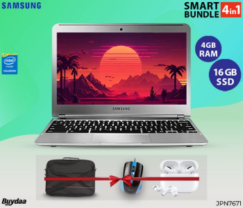 Bundle 1 PCs Set Samsung Chromebook 11.6 Inch Display Intel Celeron Processor 4GB RAM 16GB SSD Chrome OS Refurbished Laptop + 1 PCs Set Padded Strap 15.6 Inch Laptop Bag - Black + 1 PCs Set Enet Wired Optical USB Mouse - Black + 1 PCs Set TWS Airpod Pro 3 Bluetooth Earphones Wireless Headset - White in OMAN