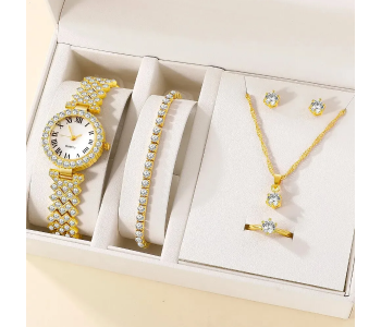 Rhinestone Decor Quartz Watch Wristwatches For Women With 5 Pcs Jewelry Set - Gold in UAE