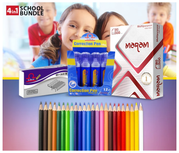 Bundle 1 PCs Set Libra Colored Pencils For Coloring Drawing Sketching, Set Of 24 Pcs + 1 PCs Set Libra Prime Staple Pin 24/6-1M ( 300 Small Boxes Per Carton) + 1 PCs Set Libra Metal Tip Correction Pen (7ml) – German Chemical – 12 Pieces Per Pack + 1 PCs Set 500-Piece A4 Printing Paper A4 White in UAE