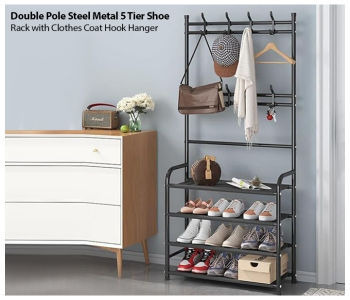 DOUBLE POLE Steel Metal 5 Tier Shoe Rack With Clothes Coat Hook Hanger in KSA