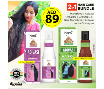 Bundle 1 PCs Set Mahishmati Adivasi Herbal Hair Growth Oil | MADE IN INDIA | Controls Hair-Fall Hair Oil Basically Made By Pure Adivasi Ayurvedic Herbs (100 Ml) + 1 PCs Set Kisra Mahishmati Adivasi Dandruff And Smoothing Herbal Shampoo MADE IN INDIA For Healthy Scalp & Hair Growth 200ML | Sulphate, Paraben Free | Gentle Cleansing & Nourishment For Lush Hair in UAE