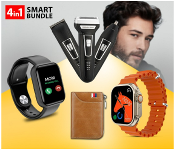 Bundle 1 PCs Set Yoko 3 In 1 Rechargeable Shaver Hair Clipper Nose Trimmer - Black And Gold + 1 PCs Set IWO 8 Sport Smart Watch - Black + 1 PCs Set Luxury Card Holder And Wallet Organizer - Assorted Color + 1 PCs Set T500 Ultra Pro Clip USB Charging Smart Watch Ocean Band Loop Wrist Strap - Orange in KSA