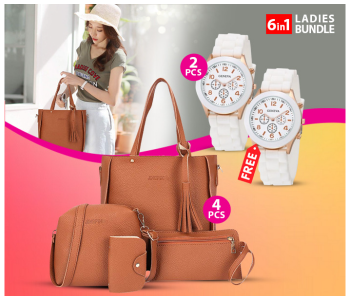 Bundle 1 PCs Set 4 Pcs Set Leather Handbag For Women - Brown + 2 PCs Set Geneva Silicone Band Woman Watch - White in KSA