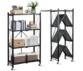 4 Tier Folding Storage Shelf Metal Rack With Rolling Wheel - Black in KSA