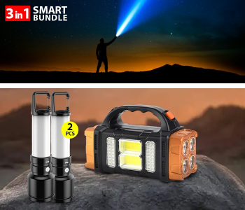 Bundle 1 PCs Set Generic 5 In 1 Solar Torch Light Super Bright Led Flashlight Waterproof 4 Modes Searchlight Emergency With Power Bank - Black + 2 PCs Set Generic High Power Led Flashlight Rechargeable Camping Lamp Lantern With Side Light Waterproof Outdoor Portable Light With Tail Hook in KSA