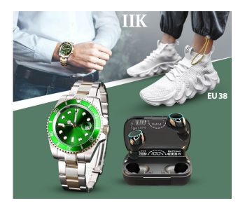 Bundle 1 PCs Set Unisex Sneakers Outdoor Casual EU 38 Sports Shoes - White + 1 PCs Set Electric Display M10 TWS Mini Wireless Stereo Invisible Sports Headset With Charging Bin Mini + 1 PCs Set IIK Rotatable Bezel Sapphire Glass Stainless Steel Band Sport Quartz Wrist Watch For Men – Green And Silver in KSA