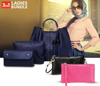 Bundle 1 PCs Set PU Leather Ladies Wallet Ladies Pars Hand Set Bag With Rivet - Blue + 1 PCs Set Leather Crocodile Pattern Handbag For Women - Black + 1 PCs Set Leather Crocodile Pattern Handbag For Women - Pink in KSA