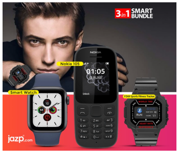 Bundle 1 PCs Set Nokia 105 Dual Sim Mobile Phone -Black + 1 PCs Set GT FD69 Sports Fitness Tracker With Custom Dials Smart Watch - Black + 1 PCs Set IWO 8 Sport Smart Watch - Blue in KSA