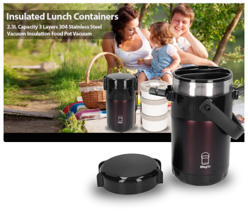 Insulated Lunch Containers, 2.3L Capacity 3 Layers 304 Stainless Steel Vacuum Insulation Food Pot Vacuum Bento Lunch Box For Picnic Travel School Work (Prestige Brown) in KSA