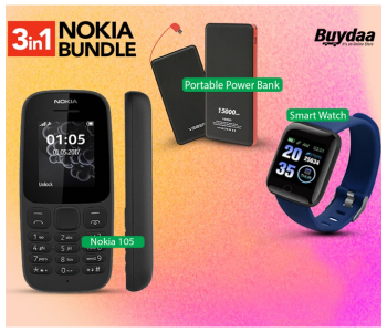 Bundle 1 PCs Set VEGER Portable Power Bank 15000mAh - Black + 1 PCs Set Nokia 105 Dual Sim Mobile Phone -Black + 1 PCs Set D13 Smart Watch With Heart Rate Monitor - Blue in KSA