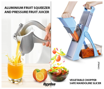 Bundle 1 PCs Set Aluminium Fruit Squeezer And Pressure Fruit Juicer Press Household Kitchen Tool Fruit Juicer Citrus Extractor Tool - Silver + 1 PCs Set Vegetable Chopper Safe Mandoline Slicer For Kitchen Manual Veggie Julienne Food Cutter For Potato Onion Garlic French Fry Meat With Container 3 Insertable Blades in KSA