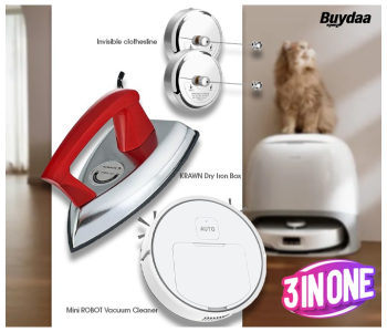 Bundle 1 PCs Set KRAWN Dry Iron For Clothes Dry Iron-Travel Electric Iron, + 1 PCs Set Automatic Mini ROBOT Vacuum Cleaner Sweeping Robot,Ultra Slim Tangle-Free Suction, Daily Floor Schedule Cleaning, Super Powerful Suction Cleaning, Perfect For Hardwood Floors, Wood Floors And Living Room Hair + 1 PCs Set Invisible Clothesline Uniq Design Stainless Steel Retractable Cloth Line Adjustable Lockable Hanging Washing Line in KSA