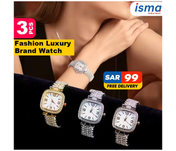 Bundle 3 PCs Set Quartz Luxury Women's Retro Square Pointer Luxury Rhinestone Analog Party Watch in KSA