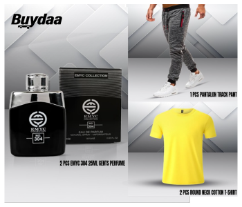 Bundle 1 PCs Set Pack Of 3,1912 Pantalon Track Pant For Men + 2 PCs Set Uni Mixed Color Breathable Casual Round Neck Cotton T-Shirt - XL + 2 PCs Set EMYC 304 25ml Gents Perfume in KSA