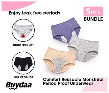 Bundle 5 PCs Set Comfort Reusable Menstrual Period Proof Underwear Women Absorbent Leak Proof Panty Pants Menstrual Panties-L in KSA