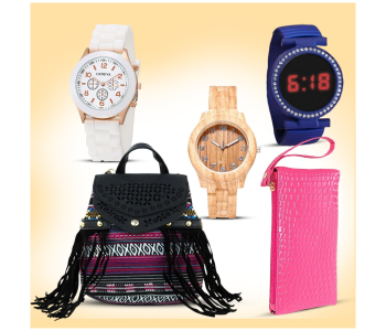 Bundle 1 PCs Set Eliza Casual Shoulder Bag For Women - Black + 1 PCs Set Leather Crocodile Pattern Handbag For Women - Pink + 1 PCs Set Geneva Silicone Band Woman Watch - White + 1 PCs Set Elastic Metal Strap LED Watch JA156-6 - Blue + 1 PCs Set Luxury Bran Women Quartz Bamboo Watches- Beige in KSA