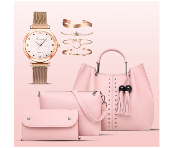 Bundle 1 PCs Set PU Leather Ladies Wallet Ladies Pars Hand Set Bag With Rivet - Rose + 1 PCs Set Luxury Magnet Buckle Flower Rhinestone Ladies Quartz Wrist Watch With 4 Pcs Bracelet Set - Gold in KSA
