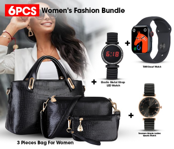 Bundle 1 PCs Set Sets Of 3 Pieces Bag For Women - Black + 1 PCs Set T800 Smart Watch Music Bluetooth Call 1.44 Inch Full Touch Screen - Black + 1 PCs Set Treasure Simple Ladies Quartz Watch Casual Stainless Steel Elastic Stretch Strap - Black + 1 PCs Set Elastic Metal Strap LED Watch JA156-3 - Black in KSA