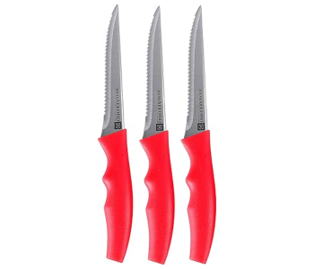 Royalford RF9947Rd 3Pc Steak Knife Set Stainless Steel Fruit Knife Set With Razor Sharp Blades - Red in UAE
