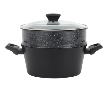 Royalford RF12623 2 Tier Aluminium Steamer Cooker Capsule Bottom With Glass Lid 24cm - Black in UAE