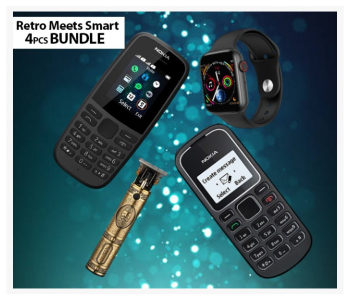 Bundle 1 PCs Set Nokia 1280 Mobile Phone - Black + 1 PCs Set Nokia 105 Dual Sim Mobile Phone -Black + 1 PCs Set Vkarh Retro Rechargeable Cordless Hair Clipper For Men- Gold + 1 PCs Set IWO 8 Sport Smart Watch - Black in KSA