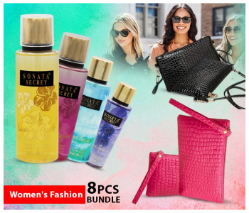 Bundle 4 PCs Set Sonata Secret 250ml Country Apple Mist Fragrance For Women + 2 PCs Set Leather Crocodile Pattern Handbag For Women - Pink + 2 PCs Set Leather Crocodile Pattern Handbag For Women - Black in KSA
