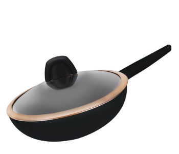 Royalford RF12635 Premium Diamond Series 24cm Wok Pan Forged Aluminum With Nonstick Coating And Tempered Glass Lid - Black in UAE
