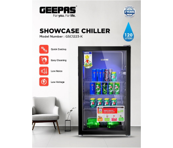 Geepas Showcase Chiller GSC1223-K – 120L, Quick Cooling, Wire Shelves, Low Noise, Low Voltage, 60W, Black in KSA