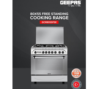 Geepas GCR8055FSE 80x55cm Free Standing Cooking Range, 5 Burners, Grill & Timer – Silver in KSA