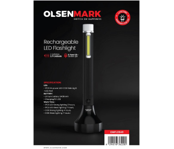Olsenmark OMFL2849 Rechargeable LED Flashlight – Hi-Power, COB Side Light, USB, 2400mAh, Black in KSA