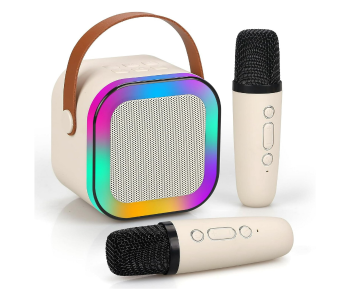 K12 Dual Microphone Karaoke Bluetooth Speaker RGB Light Two 5W Speakers Sound Subwoofer Boombox Support Multiple Input Modes, White in KSA