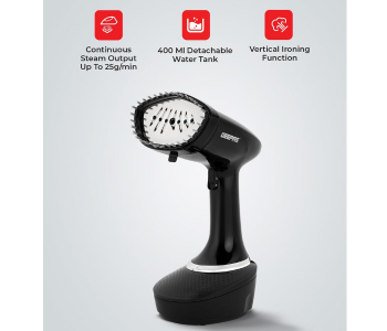 Geepas GGS25041 1500W Handheld Garment Steamer, 400ML Tank, Stainless Steel Panel – Vertical Ironing, Black in KSA